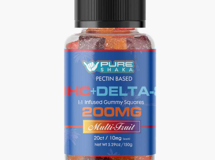 Pure Shaka HHC plus Delta-8 200mg Multi-Fruit infused gummy squares jar
