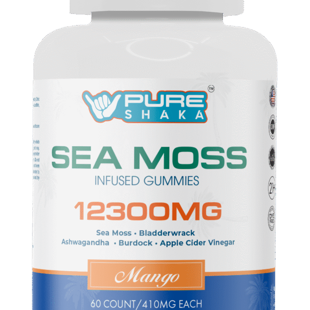 Mango-flavored sea moss gummies bottle