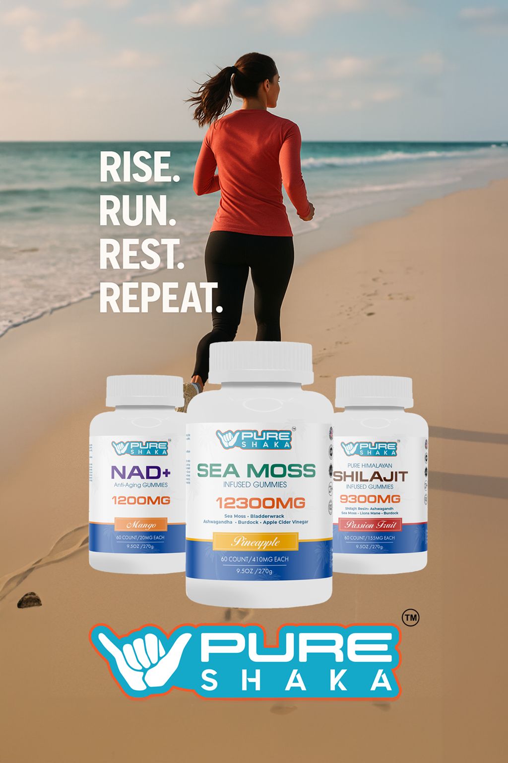 Woman jogging on beach with supplements