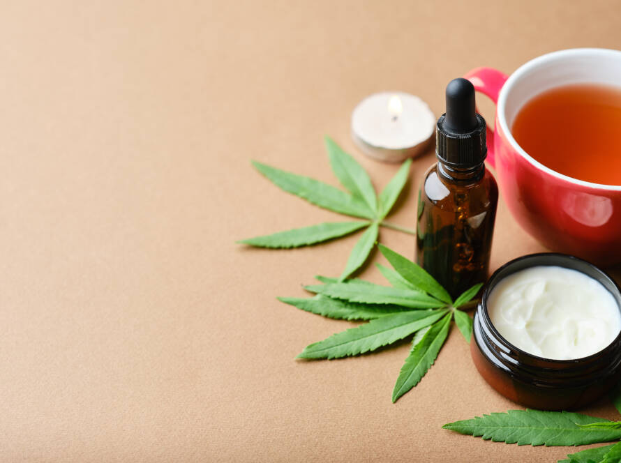 Cannabis products with tea and leaves.