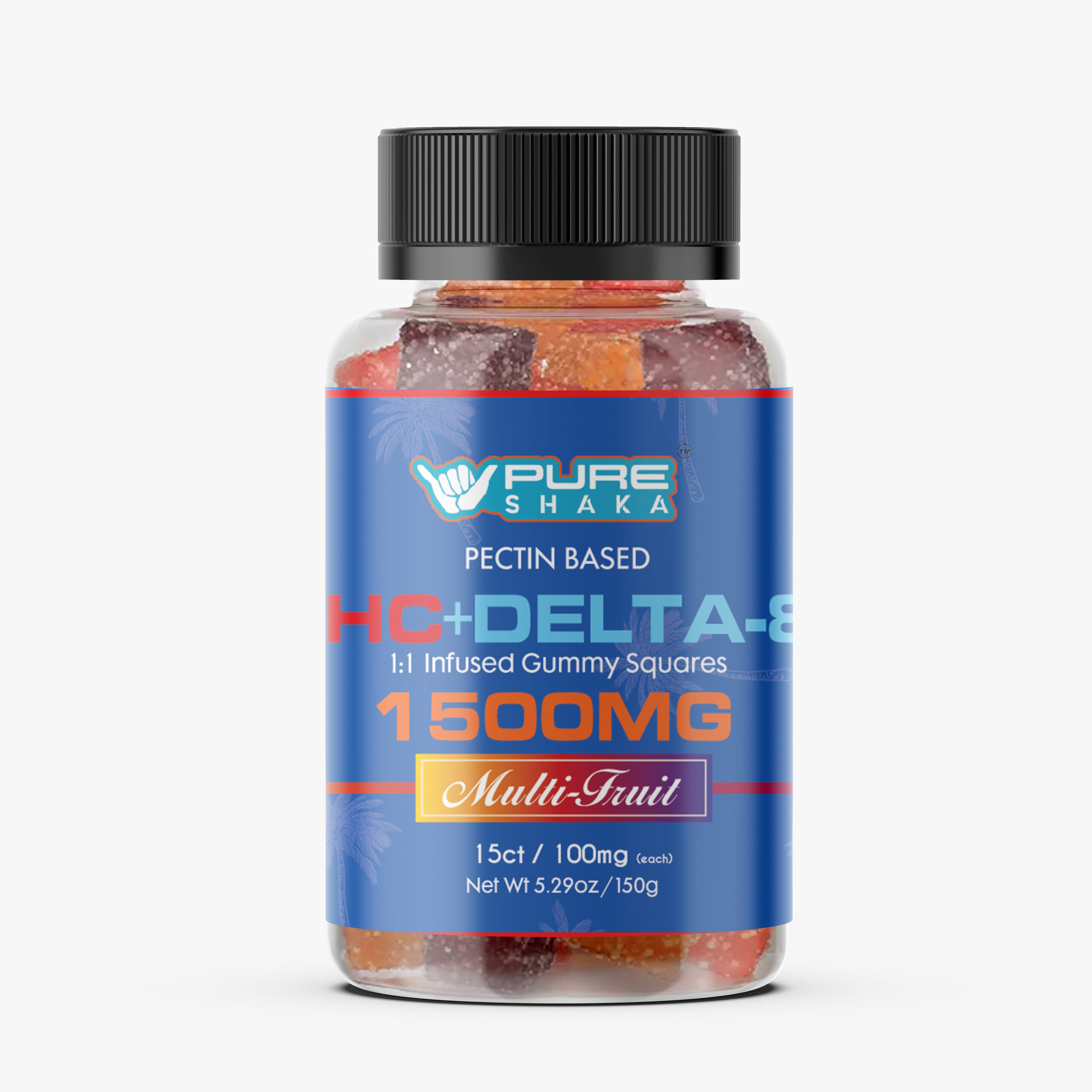 Pure Shaka HHC Delta-8 1500mg gummies jar - multi-fruit THC infused gummy squares