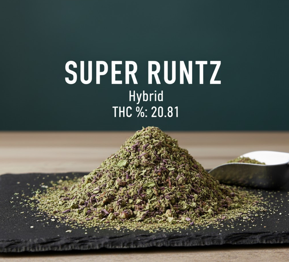 Super Runtz hybrid cannabis shake - ground cannabis flower with 20.81% THC